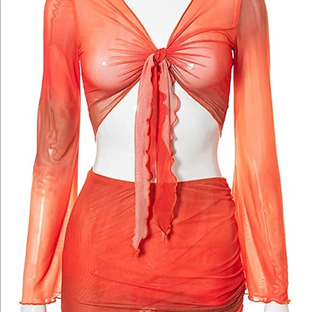 Sheer Mesh Cover Up Set w/ Crop Top and Ruched Mini Skirt